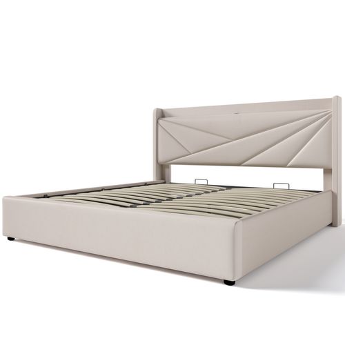 Lit Coffre Adulte 140x200cm Lit 2 Place, Tête De Lit Avec Chargement USB Type C, Coton Et Lin, Beige