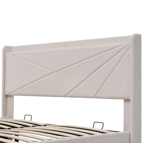 Lit Coffre Adulte 140x200cm Lit 2 Place, Tête De Lit Avec Chargement USB Type C, Coton Et Lin, Beige