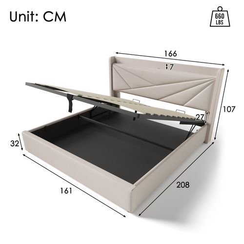 Lit Coffre Adulte 160x200cm Lit 2 Place, Tête De Lit Avec Chargement USB Type C, Coton Et Lin, Beige