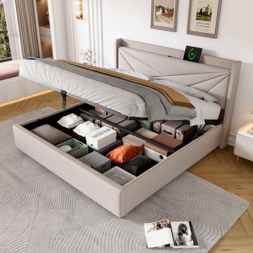Lit Coffre Adulte 160x200cm Lit 2 Place, Tête De Lit Avec Chargement USB Type C, Coton Et Lin, Beige