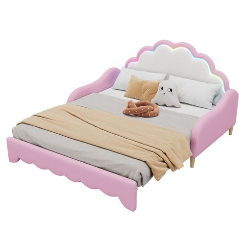 Lit Gigogne Lit Adulte 140x200cm, Lit 2 Place Pour Salon, Tête De Lit Avec Éclairage LED, Pu, rose