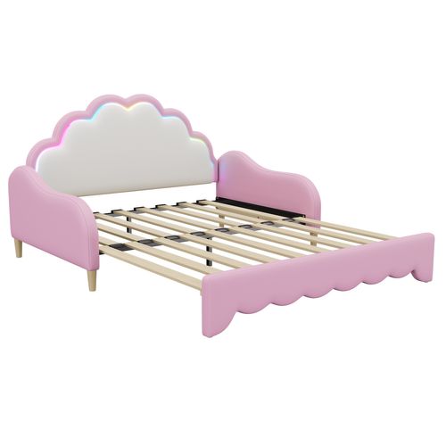 Lit Gigogne Lit Adulte 140x200cm, Lit 2 Place Pour Salon, Tête De Lit Avec Éclairage LED, Pu, rose