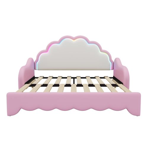 Lit Gigogne Lit Adulte 140x200cm, Lit 2 Place Pour Salon, Tête De Lit Avec Éclairage LED, Pu, rose