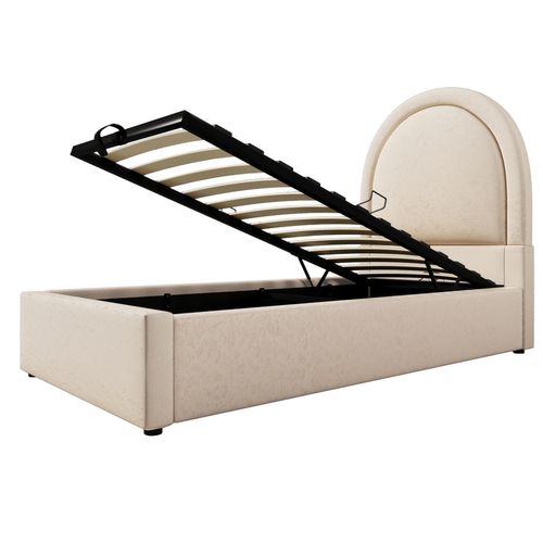 Lit Coffre Lit Enfant 90x200 Cm, Lit Hydraulique Avec Tête De Lit Et Lattes En Bois, Pu, Beige