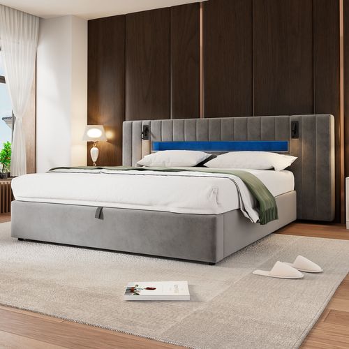 Lit Coffre Adulte 180x200 Cm Lit 2 Place Avec Port USB, LED Et Lampe De Chevet, Velours, Gris