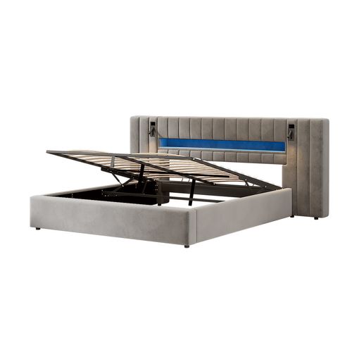Lit Coffre Adulte 180x200 Cm Lit 2 Place Avec Port USB, LED Et Lampe De Chevet, Velours, Gris