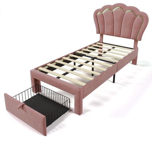 Lit Enfant 90x200 Cm, Lit Tapissé Avec LED，tête De Lit  Et Tiroir, Velours, Rose