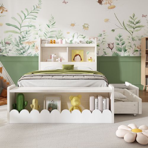 Lit Enfant 90x190 Cm Avec Tiroirs, Banquette, Tête De Lit De Rangement, Mdf, Blanc