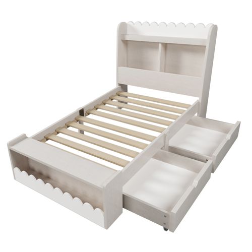 Lit Enfant 90x200 Cm, Lit Simple Avec Tiroirs, Banquette, Tête De Lit De Rangement, Mdf, Blanc