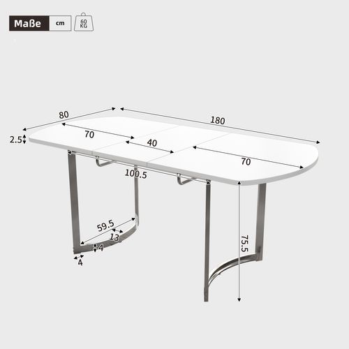 Table à Manger Extensible 140/180x80 Cm, Pieds En Métal Argenté, Support En Alliage, Couleur Blanc