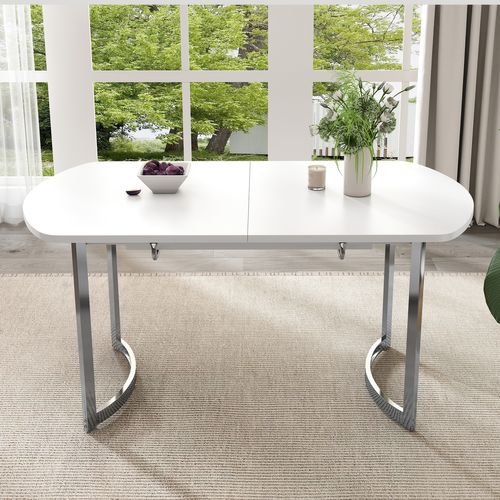 Table à Manger Extensible 140/180x80 Cm, Pieds En Métal Argenté, Support En Alliage, Couleur Blanc