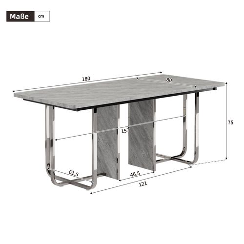 Table à Manger Moderne L180xl80xh75cm, Pieds En Métal, Pour 6 Personnes, Couleur Gris + Argent