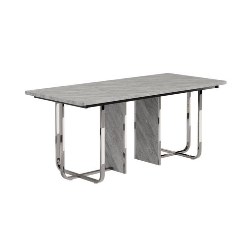 Table à Manger Moderne L180xl80xh75cm, Pieds En Métal, Pour 6 Personnes, Couleur Gris + Argent