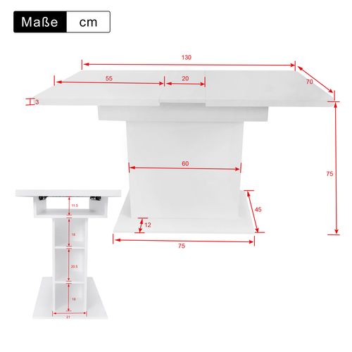 Table à Manger Extensible L110/130xl70xh75 Avec Espace De Rangement, Couleur Blanc