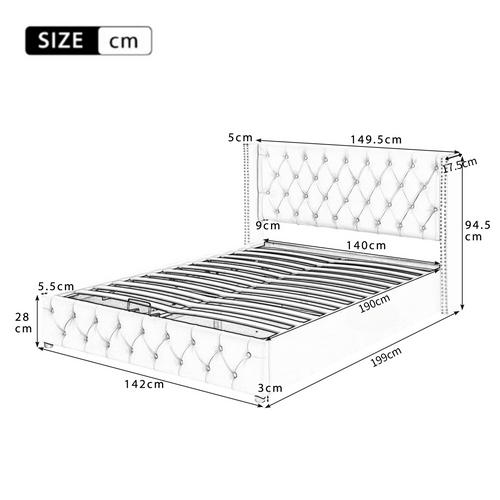 Lit Coffre Hydraulique 140x190 Cm, Lit 2 Place Pour Adulte, Design Rivet, Avec Fond, Velours, Beige