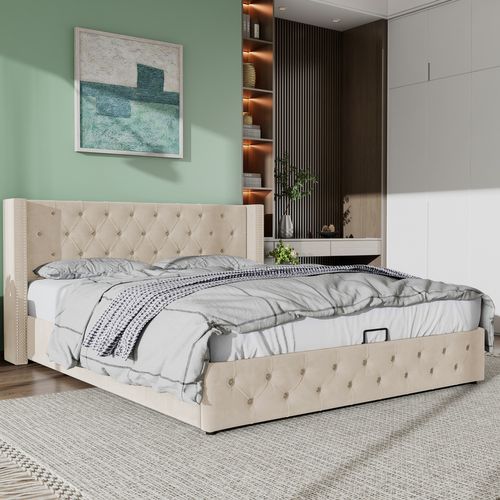 Lit Coffre Hydraulique 140x190 Cm, Lit 2 Place Pour Adulte, Design Rivet, Avec Fond, Velours, Beige