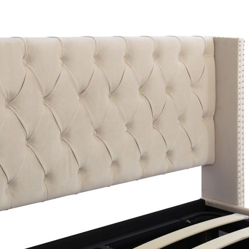 Lit Coffre Hydraulique 140x190 Cm, Lit 2 Place Pour Adulte, Design Rivet, Avec Fond, Velours, Beige