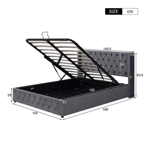 Lit Coffre Hydraulique 140x190 Cm, Lit 2 Place Pour Adulte, Design Rivet, Avec Fond, Velours, Gris