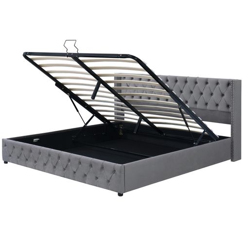 Lit Coffre Hydraulique 140x190 Cm, Lit 2 Place Pour Adulte, Design Rivet, Avec Fond, Velours, Gris