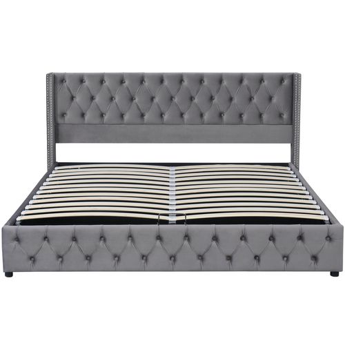 Lit Coffre Hydraulique 140x190 Cm, Lit 2 Place Pour Adulte, Design Rivet, Avec Fond, Velours, Gris