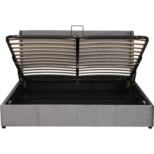 Lit Coffre Hydraulique, Lit 2 Place 160 X 200 Cm, Lit Adulte Avec Fond, Lattes Bois, Velours, Gris