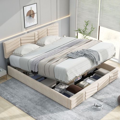 Lit Coffre Adulte Lit 140x190, Avec Fond, Tête De Lit Réglable En Hauteur, Velours, Beige