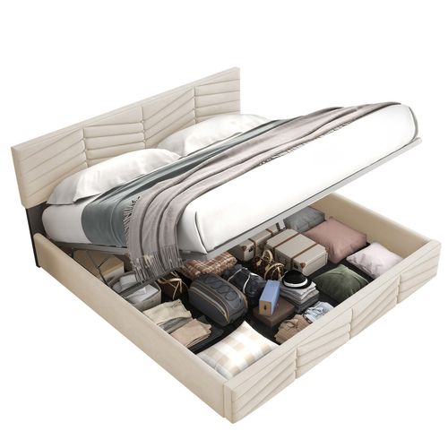Lit Coffre Adulte Lit 140x190, Avec Fond, Tête De Lit Réglable En Hauteur, Velours, Beige