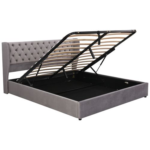 Lit Coffre Lit Adulte Lit Double 160x200cm, Tête De Lit Capitonnée à Oreilles Larges, Velours, Gris