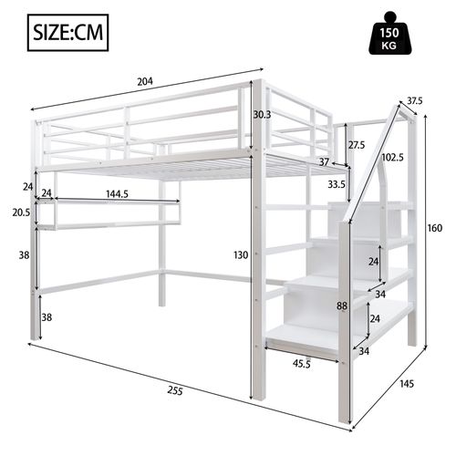 Lit Mezzanine 140*200cm, Garde Corps Anti-chute, Échelle De Rangement, Métal, Blanc