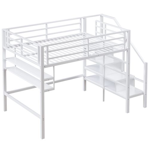 Lit Mezzanine 140*200cm, Garde Corps Anti-chute, Échelle De Rangement, Métal, Blanc