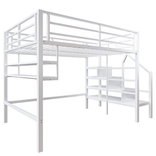 Lit Mezzanine 140*200cm, Garde Corps Anti-chute, Échelle De Rangement, Métal, Blanc