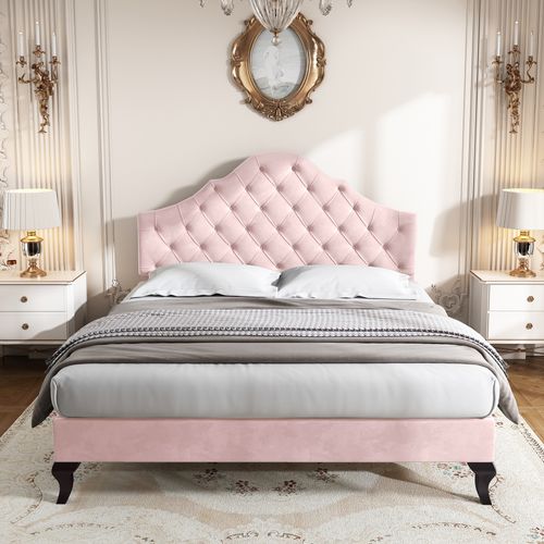 Lit Adulte Lit Double 140x200cm, Tête De Lit Capitonnée Réglable En Hauteur, Velours, Rose