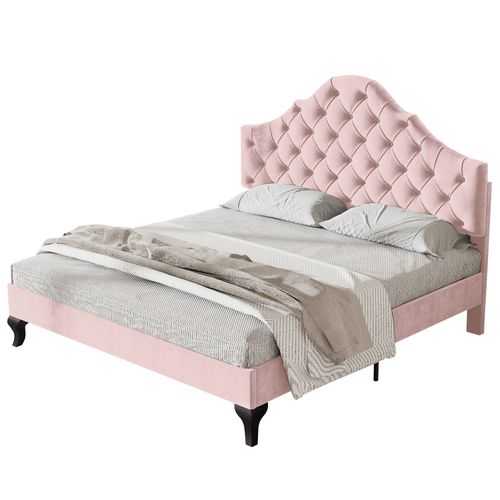 Lit Adulte Lit Double 140x200cm, Tête De Lit Capitonnée Réglable En Hauteur, Velours, Rose