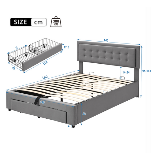 Lit Coffre Hydraulique Lit 140x190, Lit 2 Place Adulte Avec Tiroir Et Tête De Lit, Velours, Gris