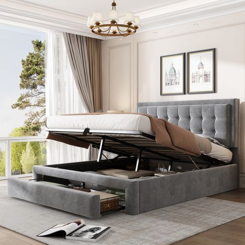 Lit Coffre Hydraulique Lit 140x190, Lit 2 Place Adulte Avec Tiroir Et Tête De Lit, Velours, Gris