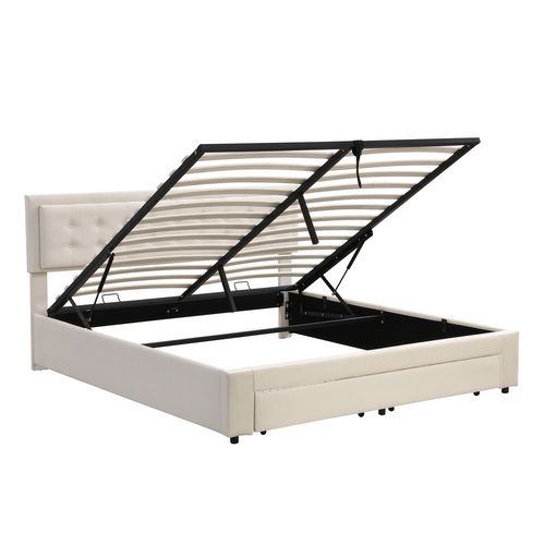 Lit Coffre Hydraulique Lit 160x200, Lit 2 Place Adulte Avec 2 Tiroirs Et Tête De Lit, Velours, Beige