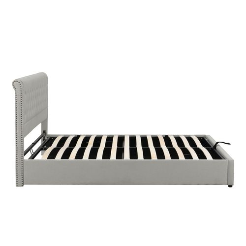 Lit Coffre 180x200 Cm, Lit Adulte 2 Place, Avec Tête De Lit, Décor Clouté, Coton + Lin, Gris Clair