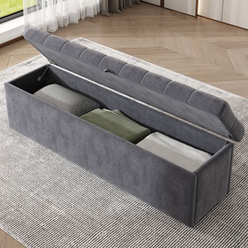 Banc Coffre De Rangement, Tabouret De Rangement, 138 X 41 X 42 Cm (l X L X H), Velours, Gris