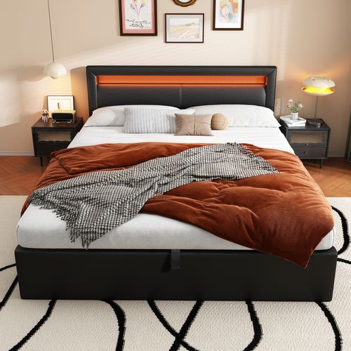 Lit Coffre Adulte 140x190 Cm, Lit Lit 2 Place, Avec Sommier à Lattes Et Éclairage LED, Pu, ​​noir