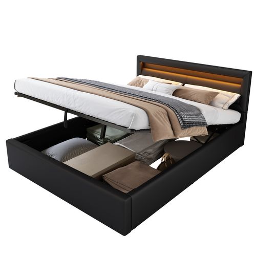 Lit Coffre Adulte 140x190 Cm, Lit Lit 2 Place, Avec Sommier à Lattes Et Éclairage LED, Pu, ​​noir