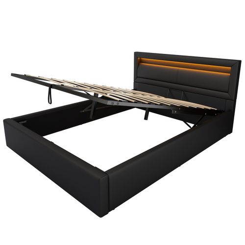 Lit Coffre Adulte 140x190 Cm, Lit Lit 2 Place, Avec Sommier à Lattes Et Éclairage LED, Pu, ​​noir