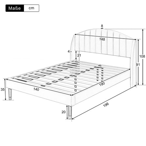 Lit Adulte Lit Double 140x190 Cm, Tête De Lit Tapissée Avec Sommier à Lattes, Velours, Beige