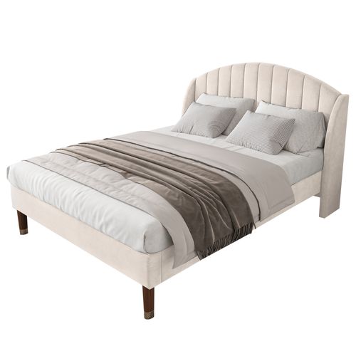 Lit Adulte Lit Double 140x190 Cm, Tête De Lit Tapissée Avec Sommier à Lattes, Velours, Beige