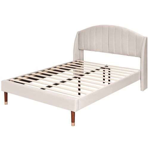 Lit Adulte Lit Double 140x190 Cm, Tête De Lit Tapissée Avec Sommier à Lattes, Velours, Beige