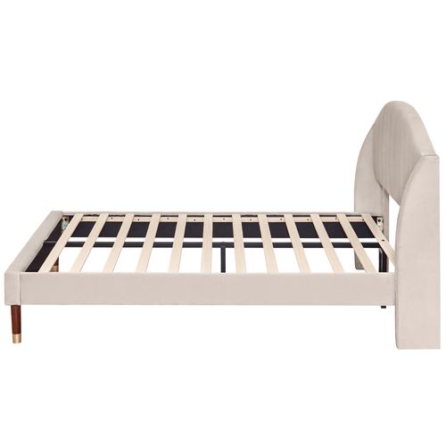 Lit Adulte Lit Double 140x190 Cm, Tête De Lit Tapissée Avec Sommier à Lattes, Velours, Beige