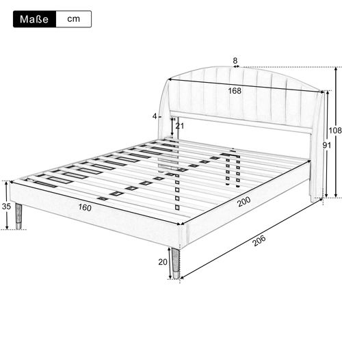 Lit Adulte Lit Double 160x200cm, Tête De Lit Capitonnée Avec Sommier à Lattes, Velours, Gris