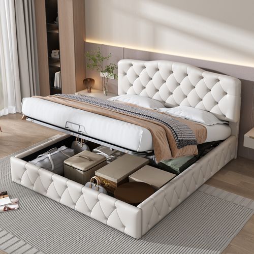 Lit Coffre Lit Adulte Lit Double 140x200cm Avec Tête De Lit Réglable En Hauteur, Pu, ​​blanc