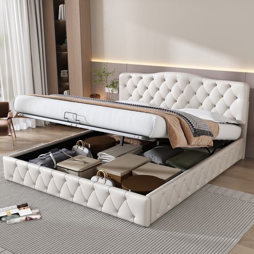 Lit Coffre Lit Adulte Lit Double 180x200cm Avec Tête De Lit Réglable En Hauteur, Pu, ​​blanc