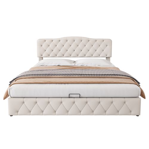 Lit Coffre Lit Adulte Lit Double 180x200cm Avec Tête De Lit Réglable En Hauteur, Pu, ​​blanc