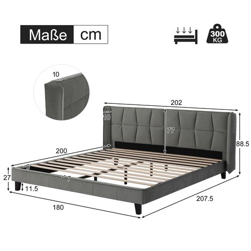 Lit Adulte Lit Double 180x200 Cm Avec Tête De Lit Tapissée Et Sommier à Lattes, Velours, Gris